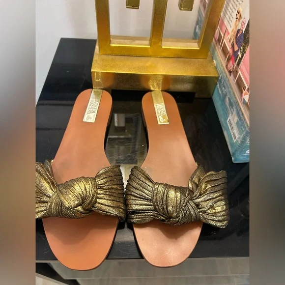 Zara Gold Bow Slide Sandals - Picture 2 of 4